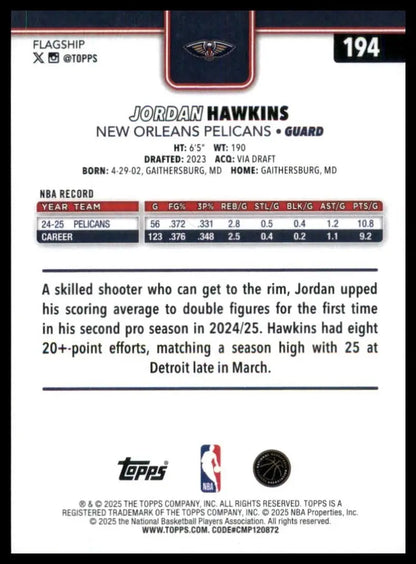 2025-26 Topps Jordan Hawkins #194 New Oreleans Pelicans Basketball Card NBA