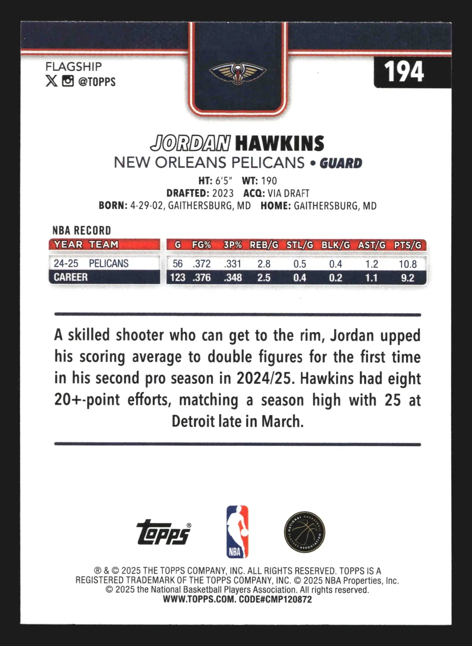 2025-26 Topps Jordan Hawkins #194 New Orleans Pelicans