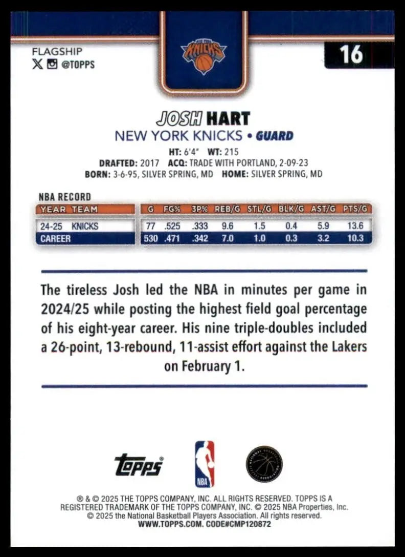 2025-26 Topps Josh Hart #16 New York Knicks Basketball Card NBA Sports - Basketball Card Single