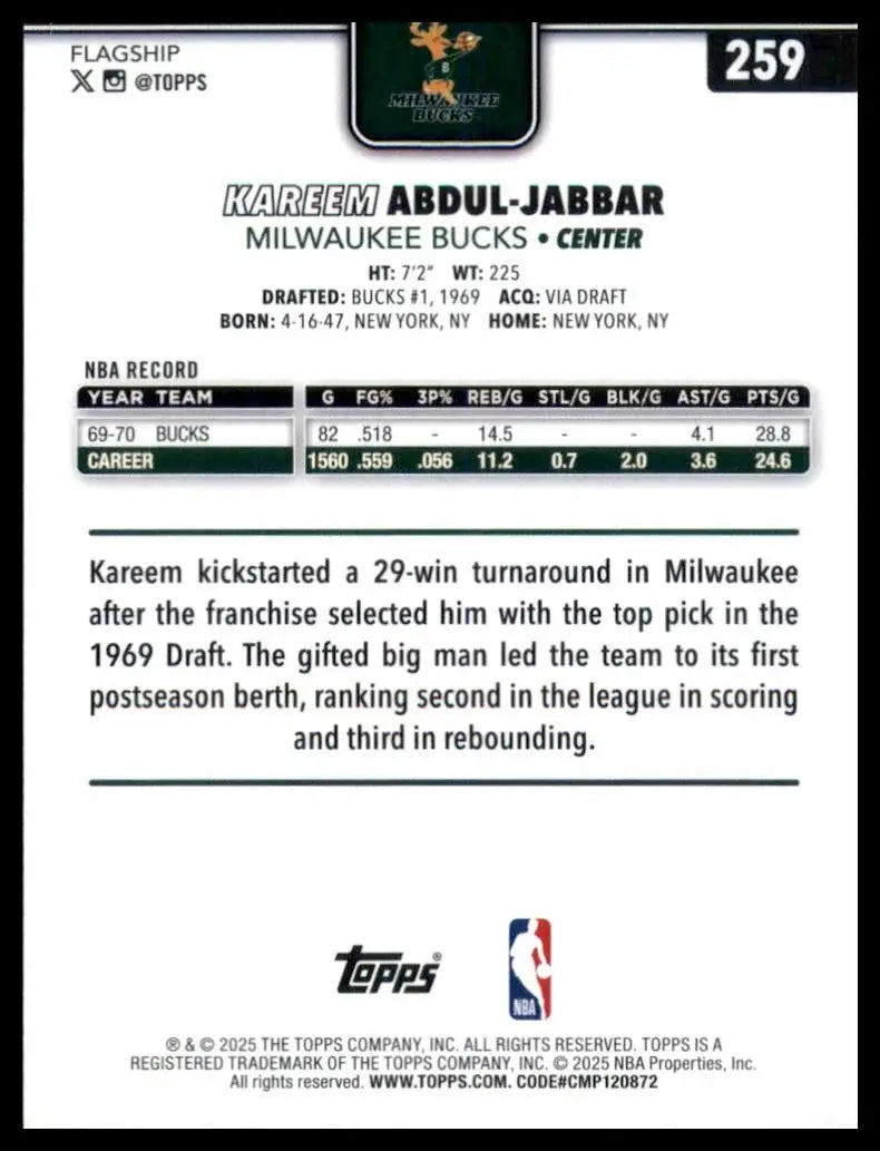 2025-26 Topps Kareem Abdul Jabbar #259 Milwaukee Bucks Basketball Card NBA Sport - Basketball Card Single
