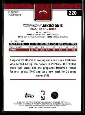 2025-26 Topps Kasparas Jakučionis #220 RC Miami Heat