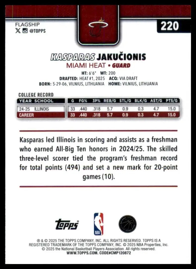 2025-26 Topps Kasparas Jakucionis Rookie #220 Miami Heat Basketball Card NBA - Basketball Card Single