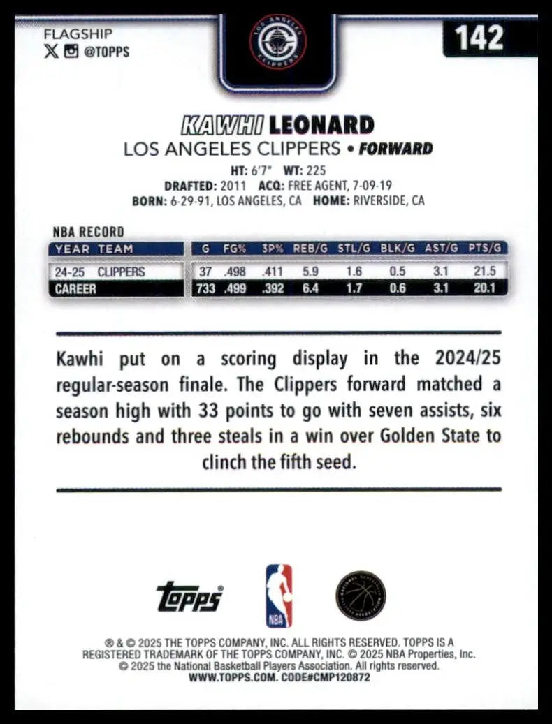 2025-26 Topps Kawhi Leonard #142 Los Angeles Clippers Basketball Card NBA Sports - Basketball Card Single