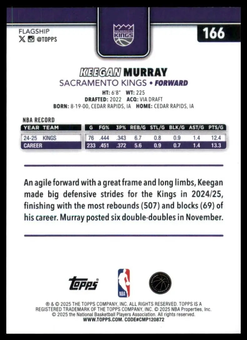 2025-26 Topps Keegan Murray #166 Sacramento Kings Basketball Card NBA Sports - Basketball Card Single