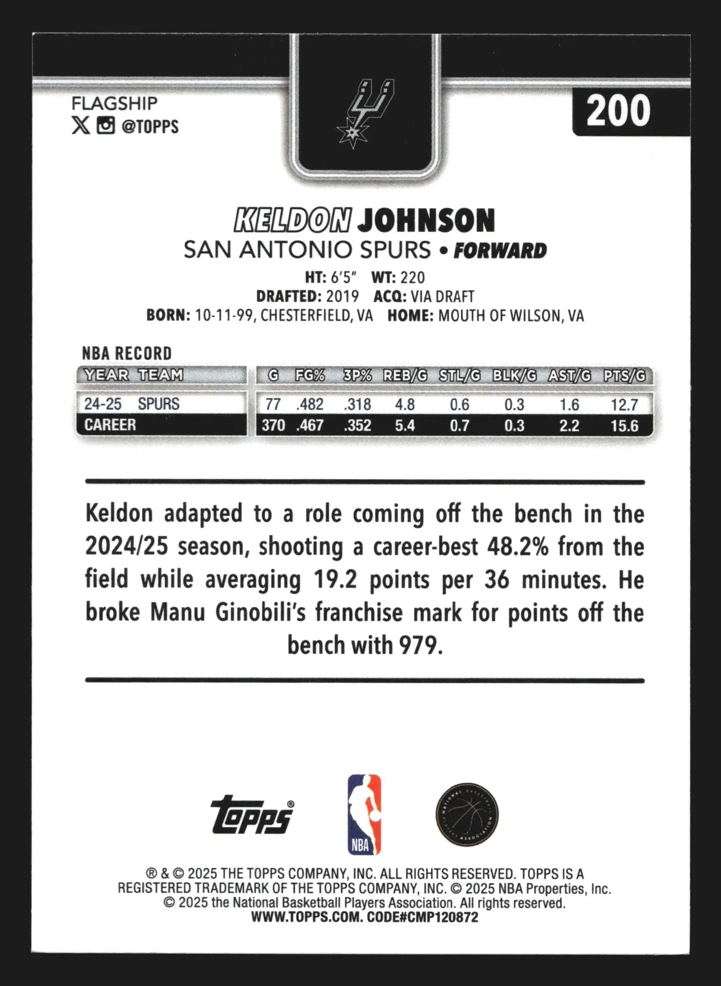 2025-26 Topps Keldon Johnson #200 San Antonio Spurs - Basketball Card Single