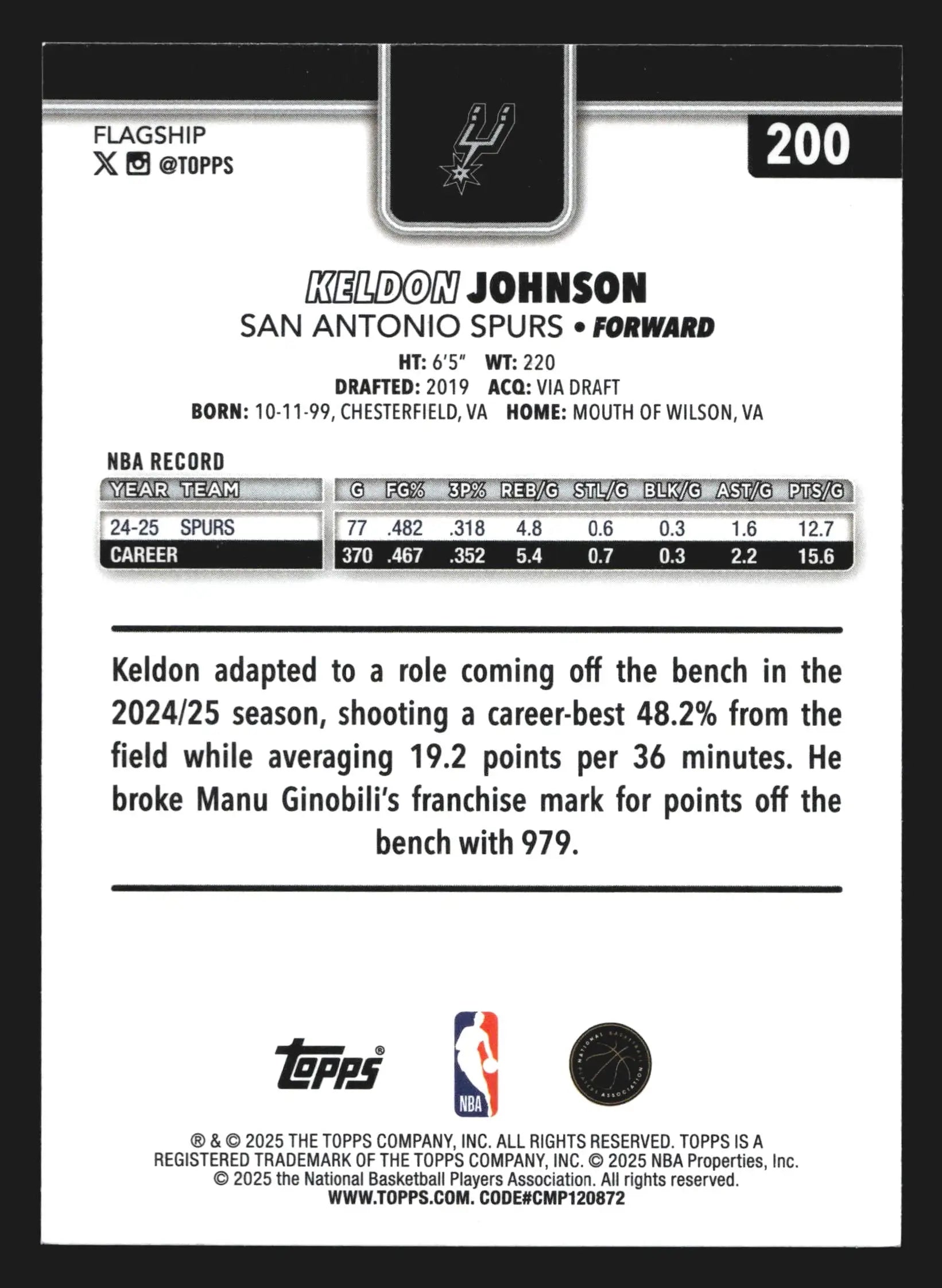 2025-26 Topps Keldon Johnson #200 San Antonio Spurs - Basketball Card Single