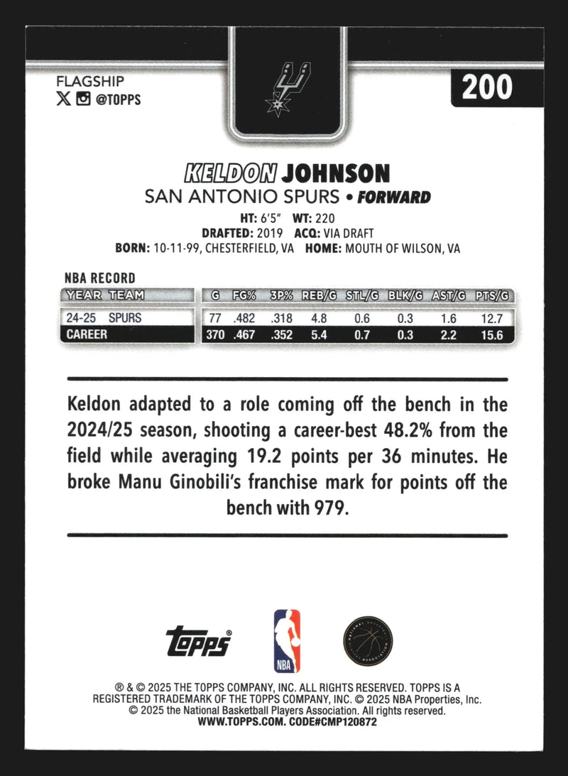 2025-26 Topps Keldon Johnson #200 San Antonio Spurs - Basketball Card Single