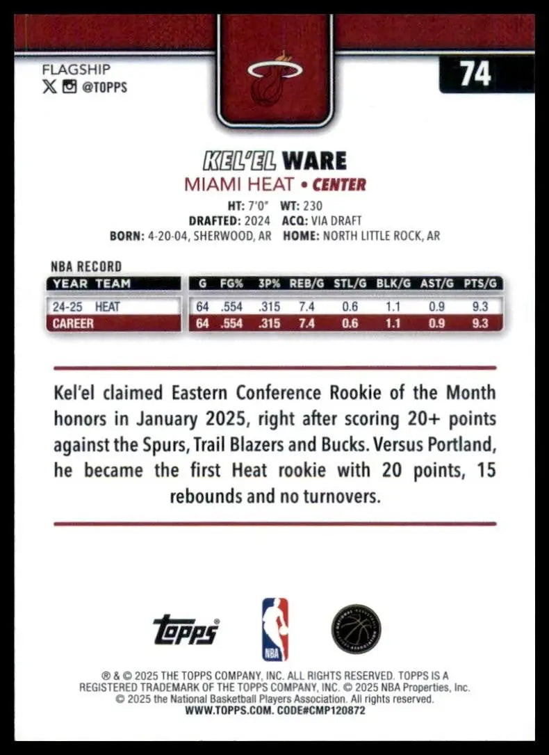 2025-26 Topps Kelel Ware #74 Miami Heat Basketball Card NBA Sports - Basketball Card Single