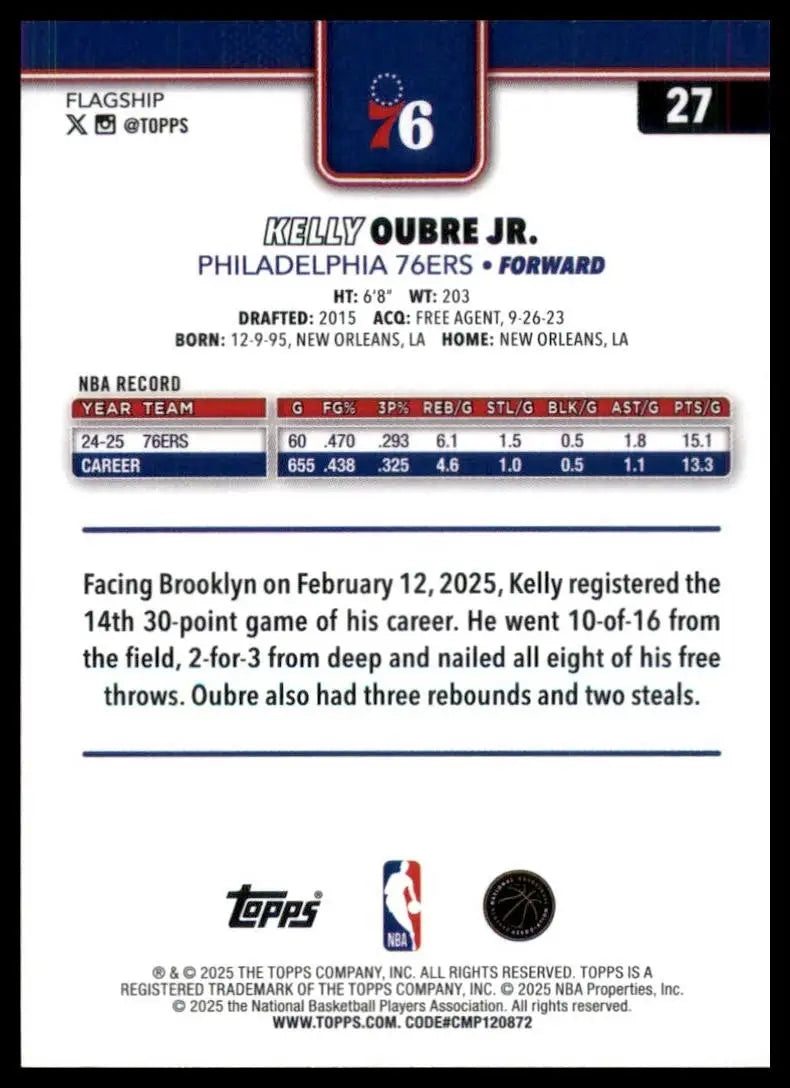 2025-26 Topps Kelly Oubre Jr #27 Philadelphia 76ers Basketball Card NBA Sports - Basketball Card Single