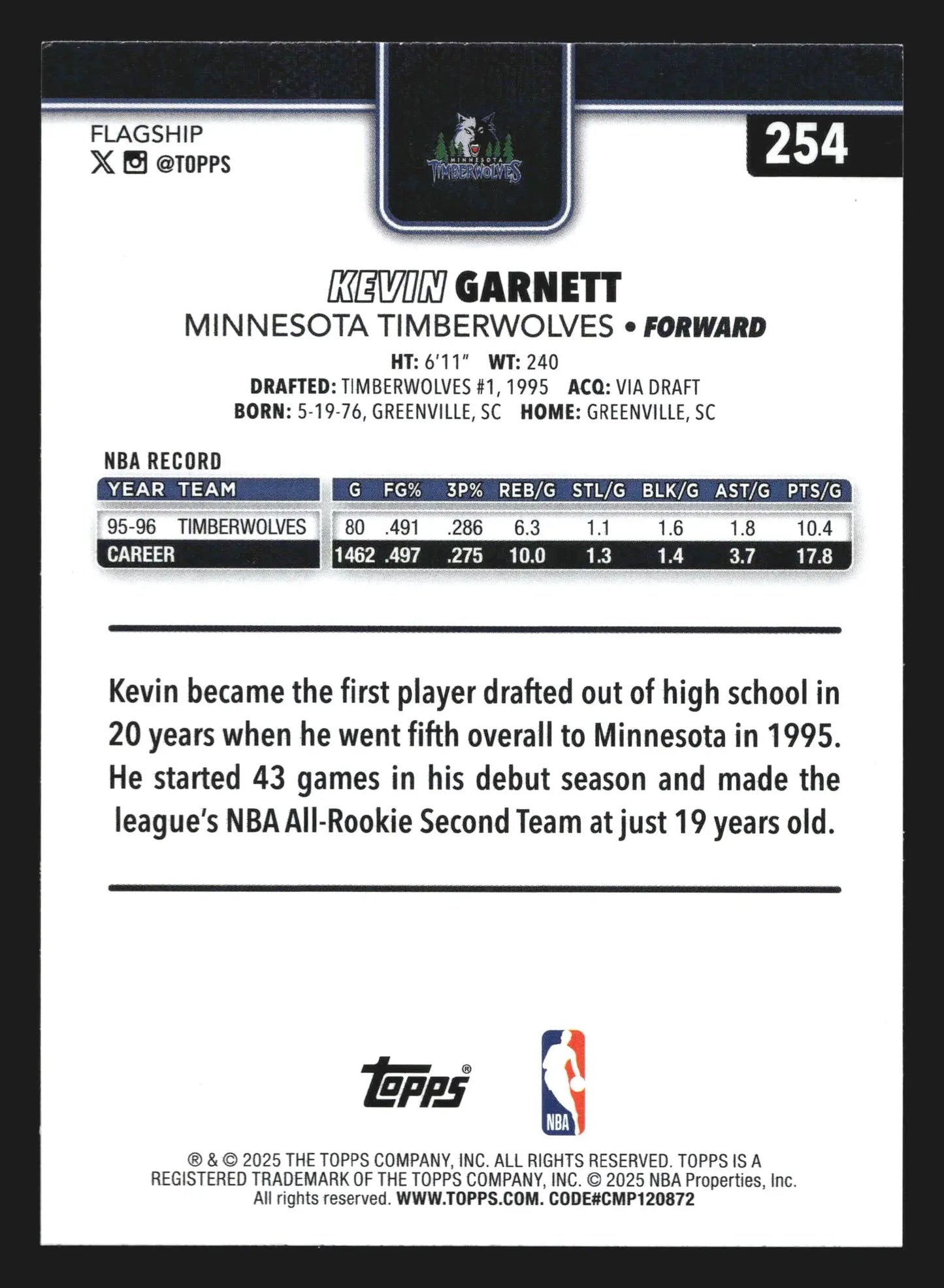 2025-26 Topps Kevin Garnett #254 Minnesota Timberwolves HOF - Basketball Card Single