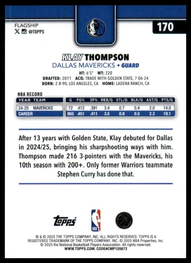 2025-26 Topps Klay Thompson #170 Dallas Mavericks Basketball Card NBA Sports - Basketball Card