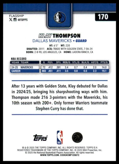 2025-26 Topps Klay Thompson #170 Dallas Mavericks Basketball Card NBA Sports - Basketball Card