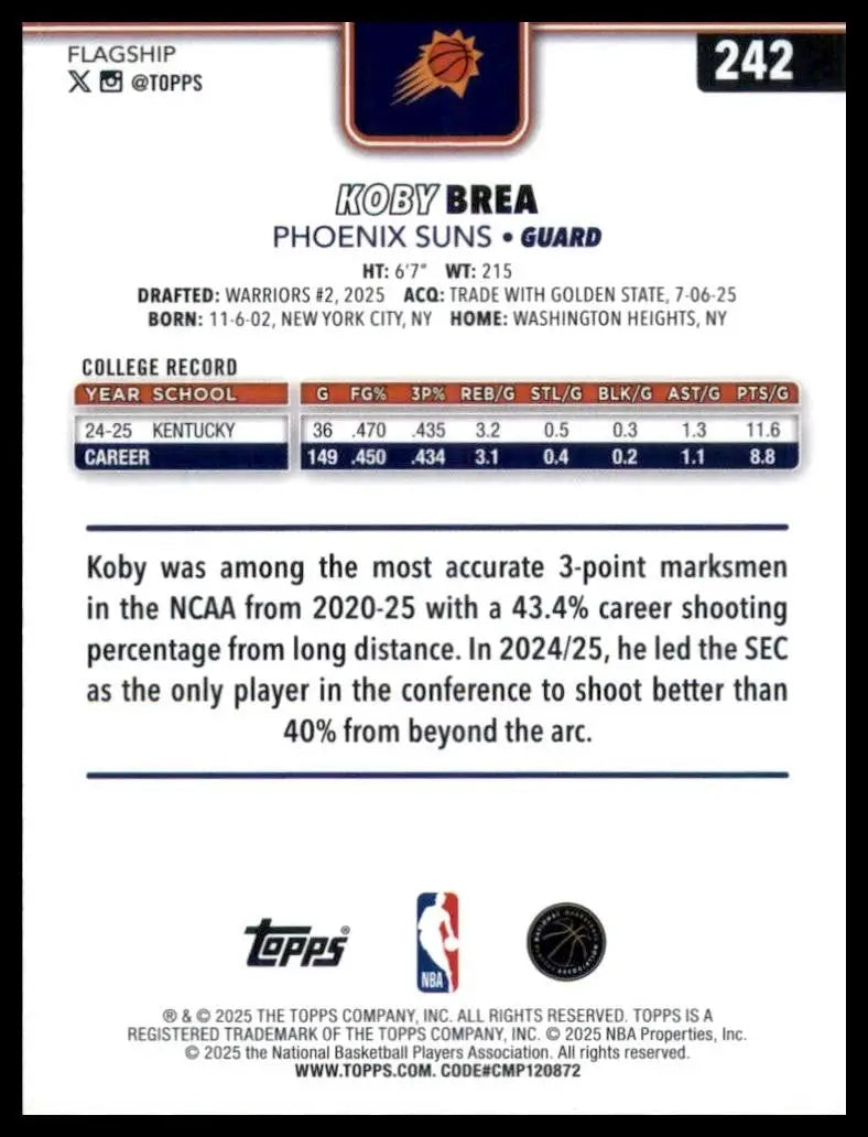 2025-26 Topps Koby Brea Rookie #242 Phoenix Suns Basketball Card NBA Sports