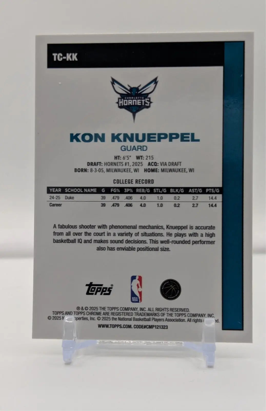 2025-26 Topps Kon Knueppel RC CHROME MOJO REFRACTOR #TC-KK Hornets #1 Pick - Basketball Card Single