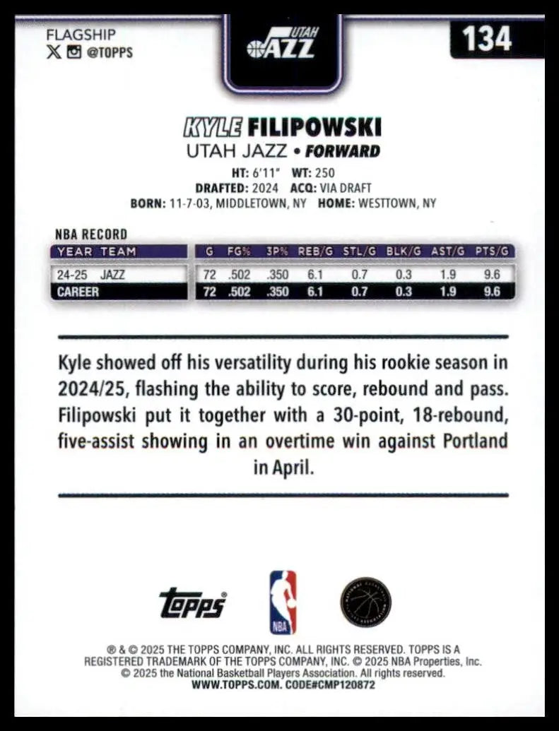 2025-26 Topps Kyle Filipowski #134 Utah Jazz Basketball Card NBA Sports - Basketball Card Single