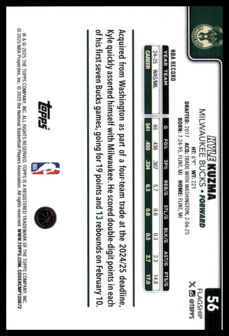 2025-26 Topps Kyle Kuzma #56 Milwaukee Bucks Basketball Card NBA Sports