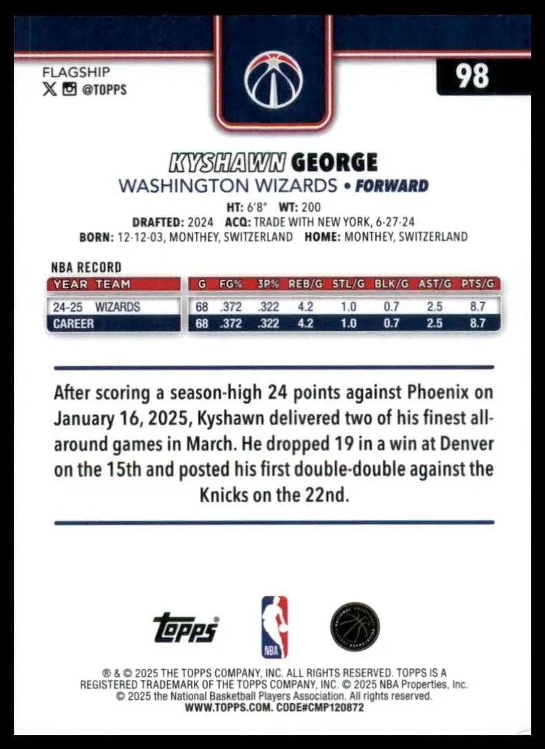 2025-26 Topps Kyshawn George #98 Washington Wizards Basketball Card NBA Sports - Basketball Card Single
