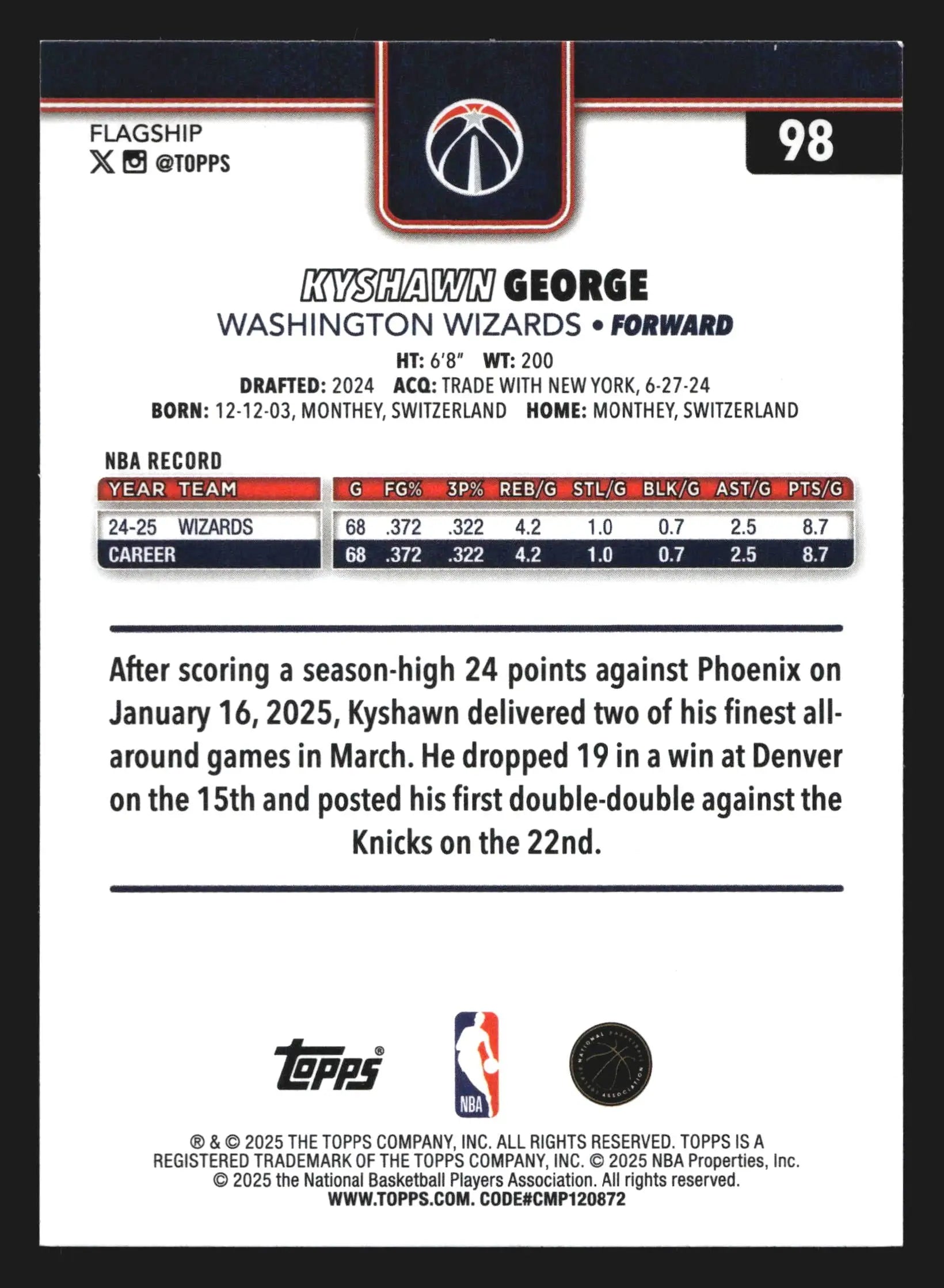 2025-26 Topps Kyshawn George #98 Wizards - Basketball Card Single