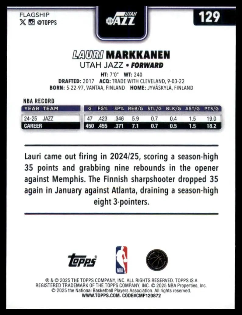 2025-26 Topps Lauri Markkanen #129 Utah Jazz Basketball Card NBA Sports - Basketball Card Single