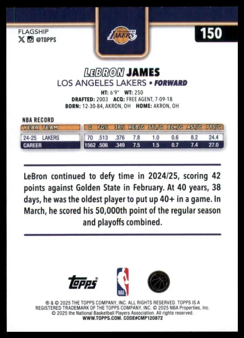 2025-26 Topps LeBron James #150 Los Angeles Lakers Basketball Card NBA Sports - Basketball Card Single