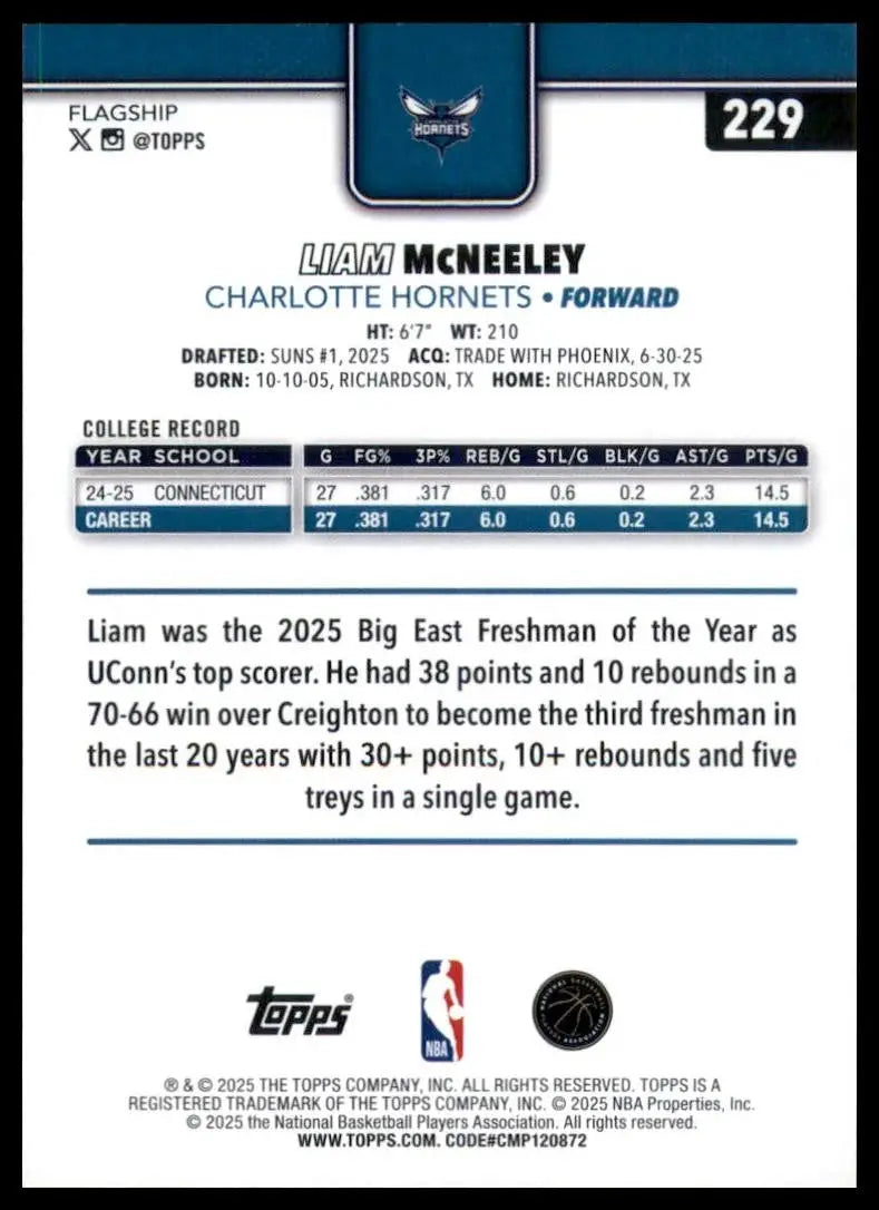 2025-26 Topps Liam McNeeley Rookie #229 Charlotte Hornets Basketball Card NBA - Basketball Card Single