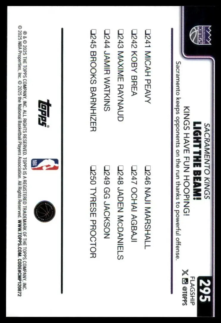 2025-26 Topps Light The Beam #295 Sacramento Kings Basketball Card NBA Sports - Basketball Card Single