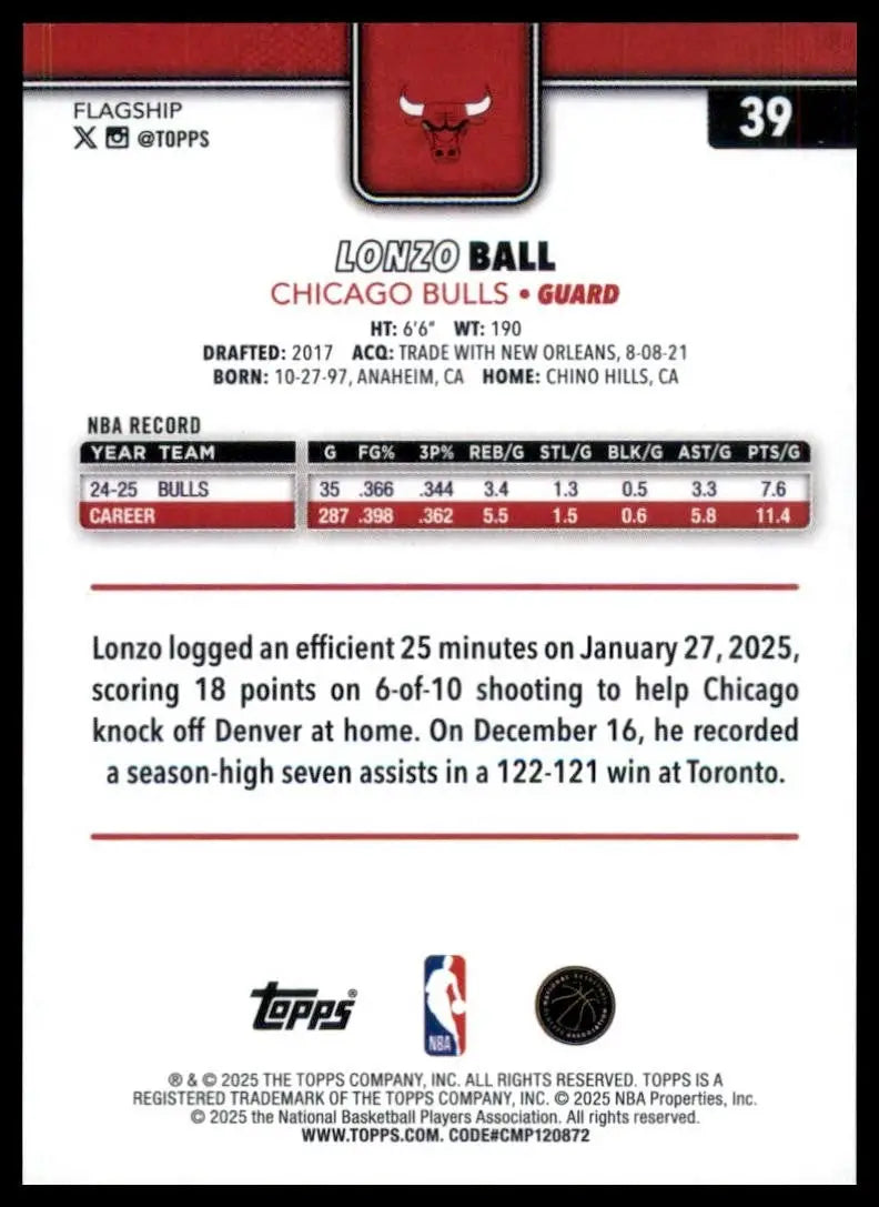 2025-26 Topps Lonzo Ball #39 Chicago Bulls Basketball Card NBA Sports - Basketball Card Single