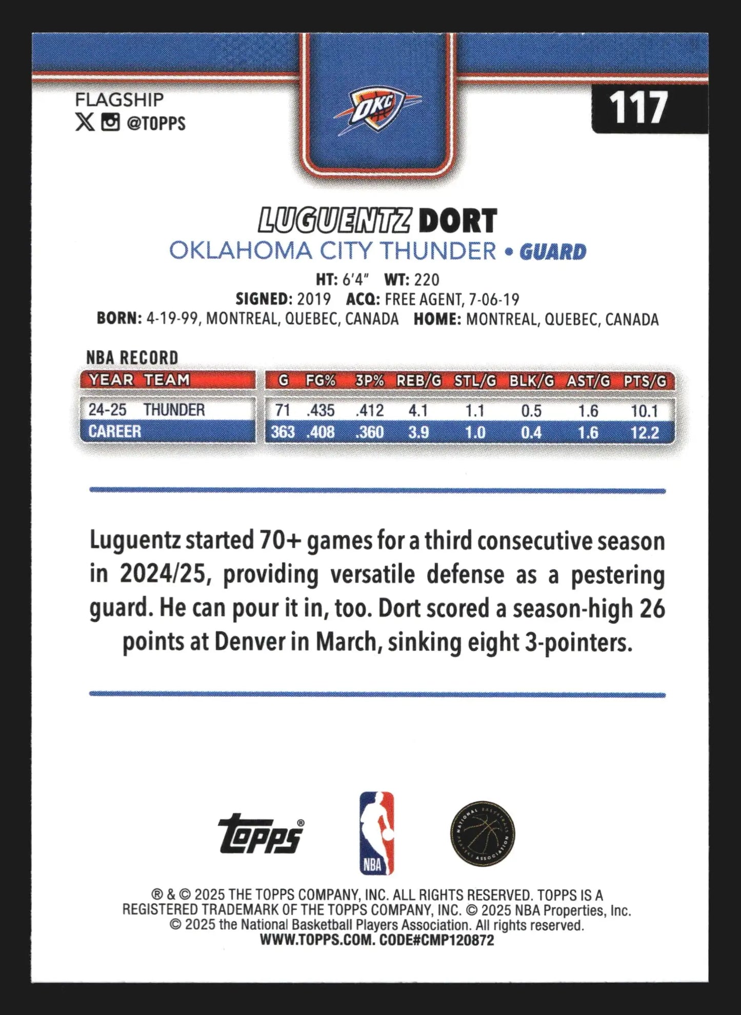 2025-26 Topps Luguentz Dort #117 Oklahoma City Thunder - Basketball Card Single