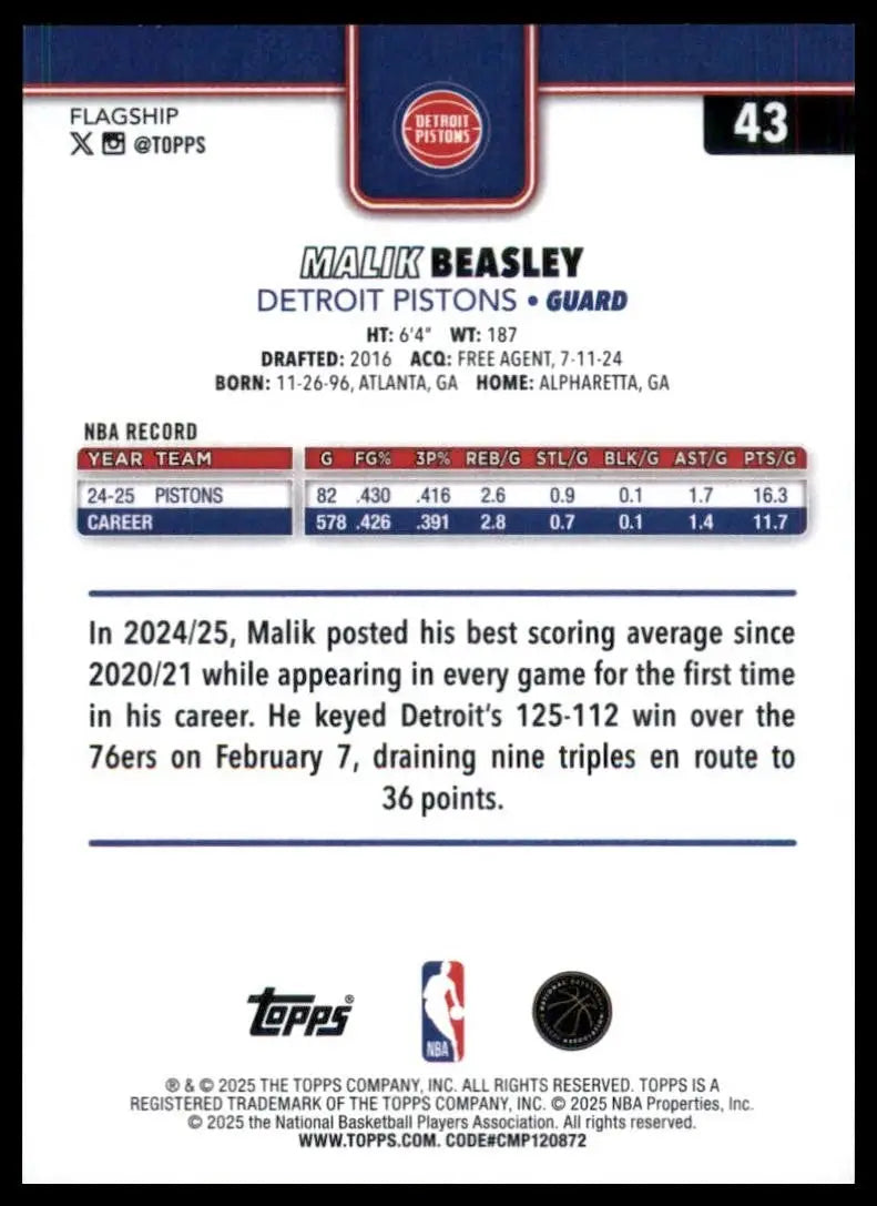2025-26 Topps Malik Beasley #43 Detroit Pistons Basketball Card NBA Sports - Basketball Card Single