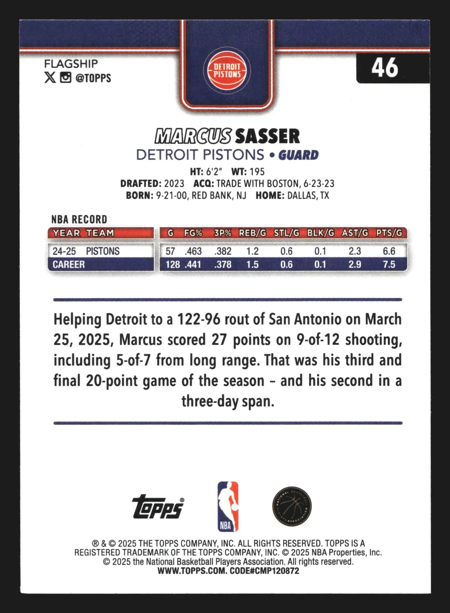 2025-26 Topps Marcus Sasser #46 Detroit Pistons
