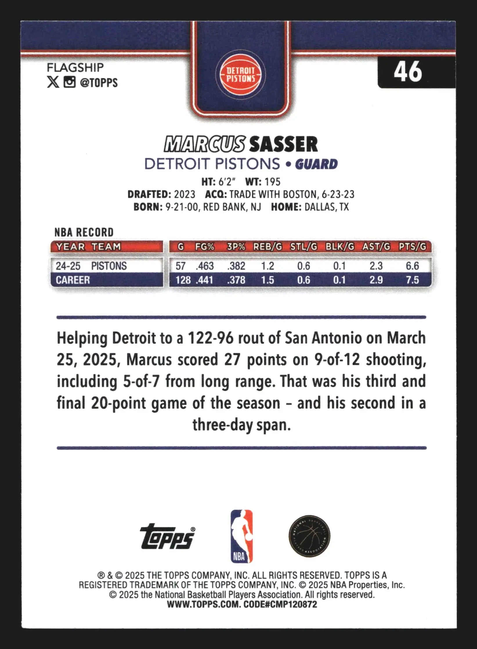 2025-26 Topps Marcus Sasser #46 Detroit Pistons