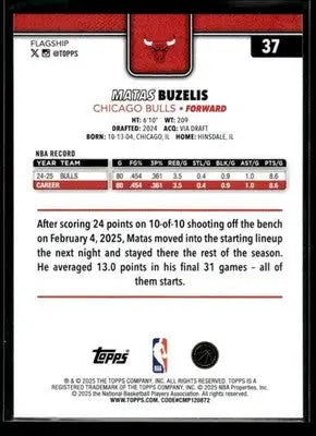 2025-26 Topps Matas Buzelis #37 Base Chicago Bulls - Basketball Card Single