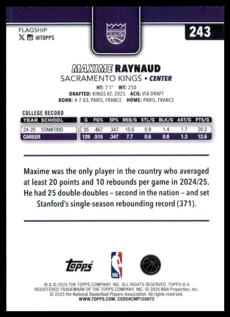 2025-26 Topps Maxime Raynaud Rookie #243 Sacramento Kings Basketball Card NBA - Basketball Card Single