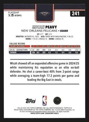 2025-26 Topps Micah Peavy #241 RC New Orleans Pelicans Rookie - Basketball Card Single