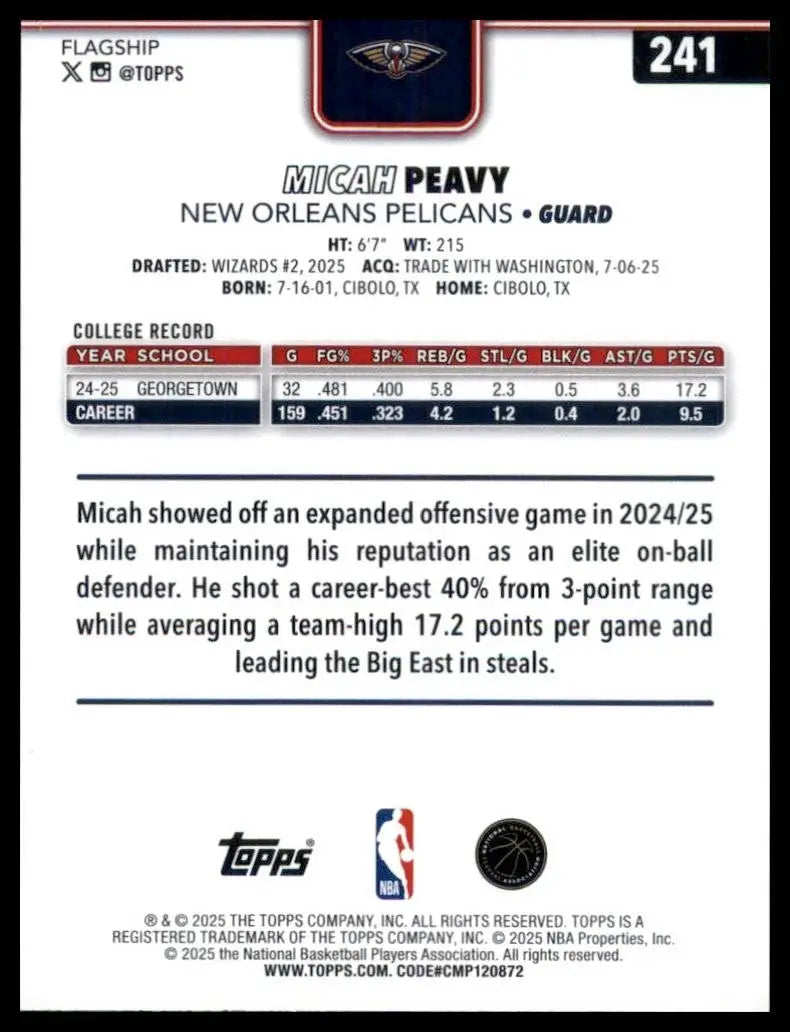 2025-26 Topps Micah Peavy Rookie #241 New Orleans Pelicans Basketball Card NBA - Basketball Card Single