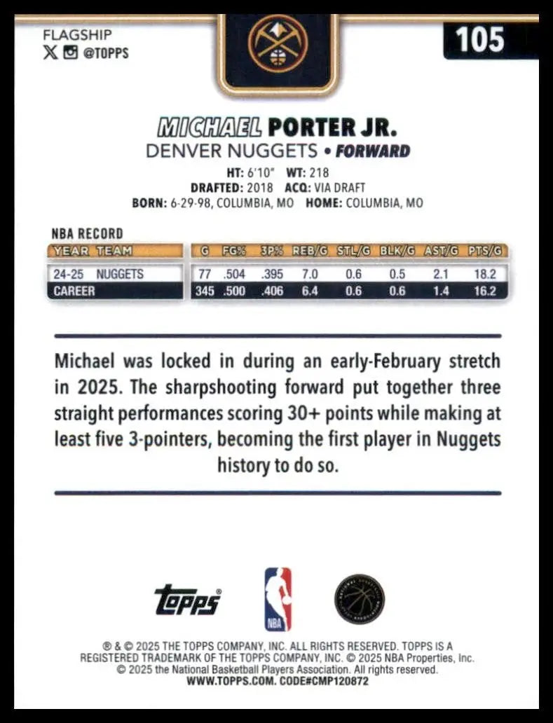 2025-26 Topps Michael Porter Jr #105 Denver Nuggets Basketball Card NBA Sports - Basketball Card Single