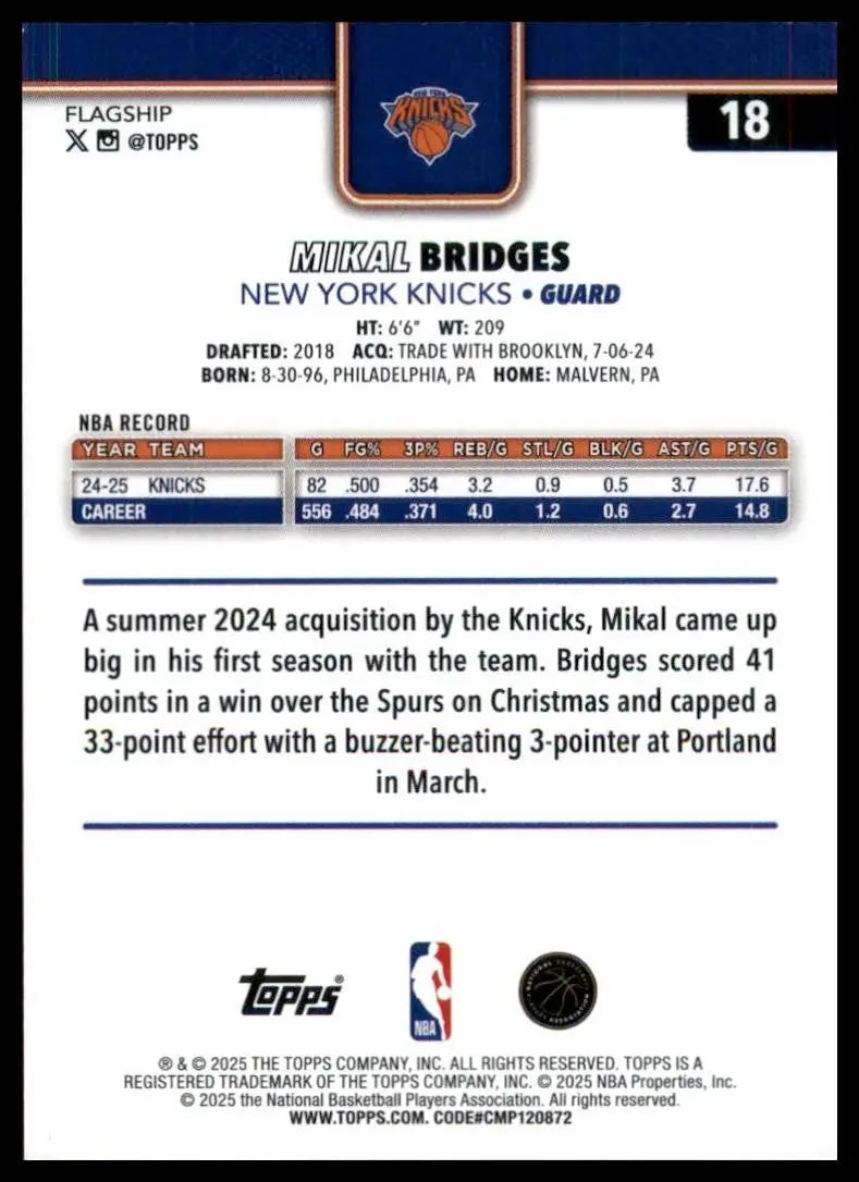 2025-26 Topps Mikal Bridges #18 New York Knicks Basketball Card NBA Sports - Basketball Card Single