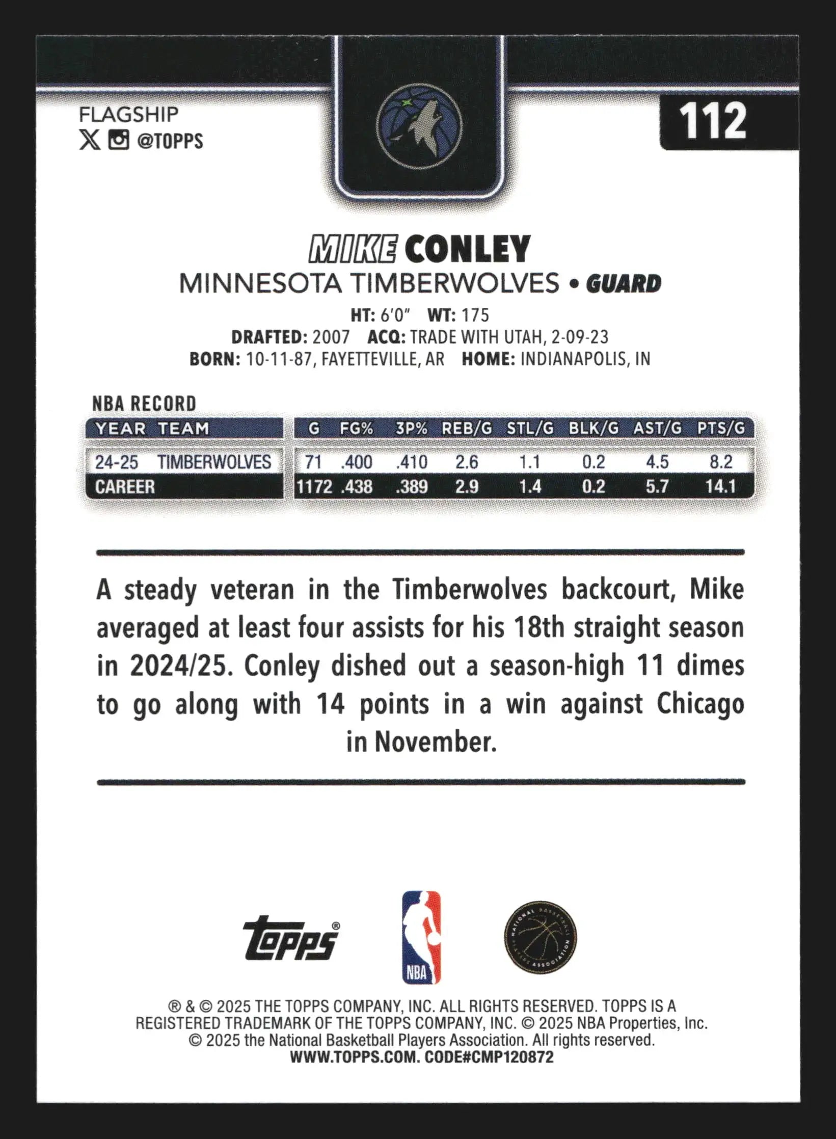 2025-26 Topps Mike Conley #112 Minnesota Timberwolves - Basketball Card Single