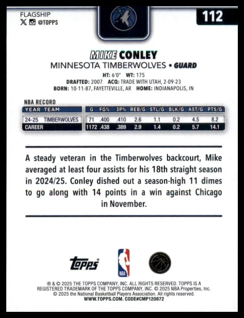 2025-26 Topps Mike Conley #112 Minnesota Timberwolves Basketball Card NBA Sports - Basketball Card Single