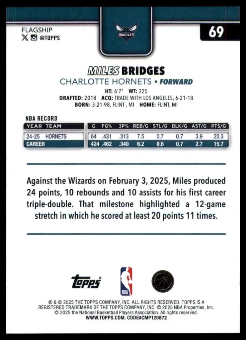 2025-26 Topps Miles Bridges #69 Charlotte Hornets Basketball Card NBA Sports - Basketball Card Single