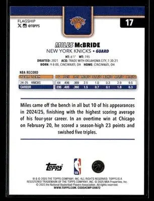 2025-26 Topps Miles McBride #17 Base New York Knicks - Basketball Card Single
