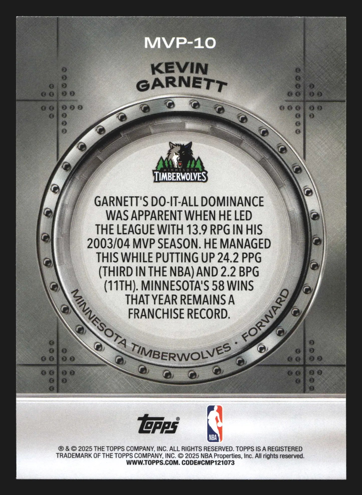2025-26 Topps MVP Vault Kevin Garnett #MVP-10 Timberwolves HOF - Basketball Card Single