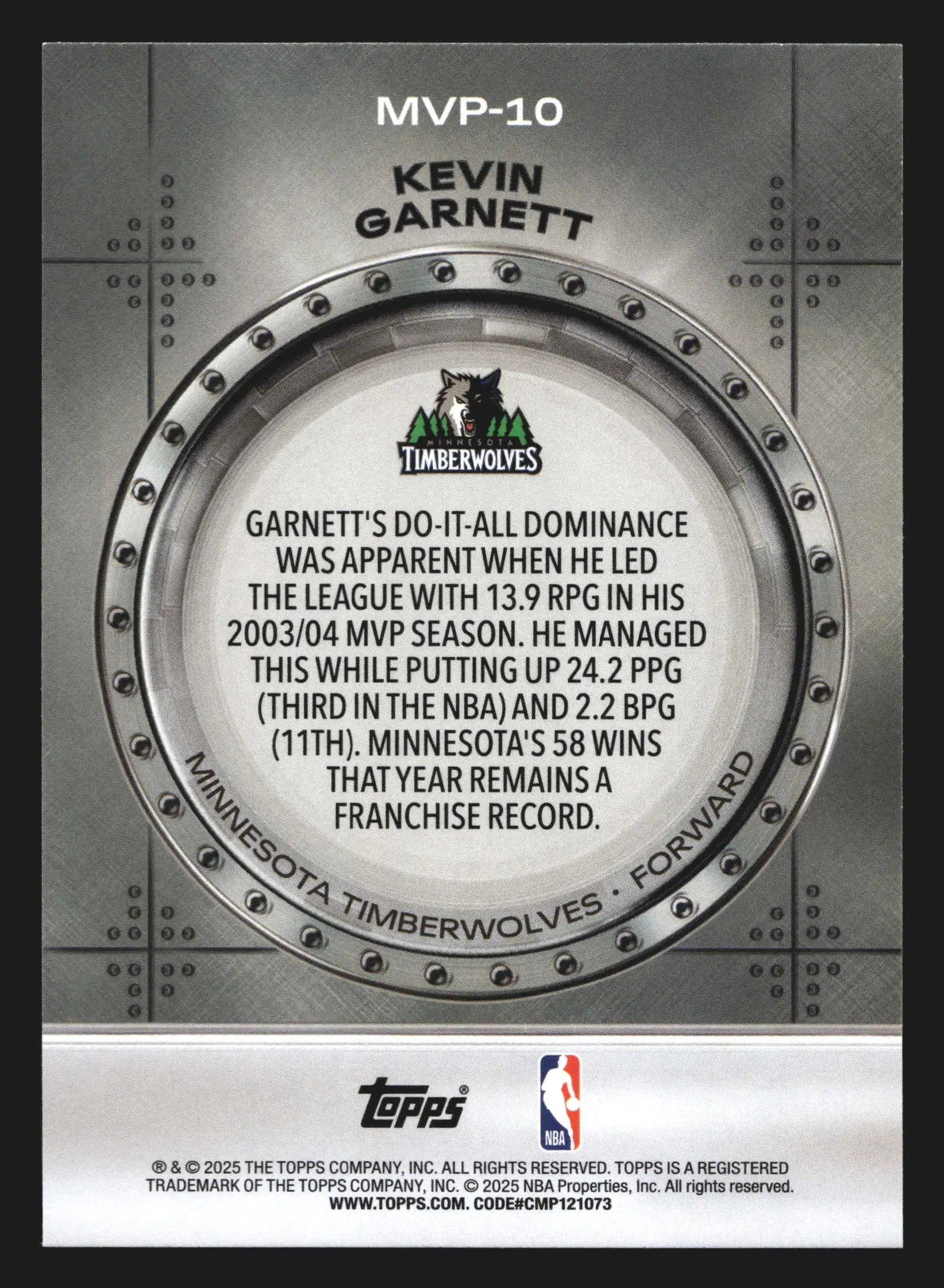 2025-26 Topps MVP Vault Kevin Garnett #MVP-10 Timberwolves HOF - Basketball Card Single