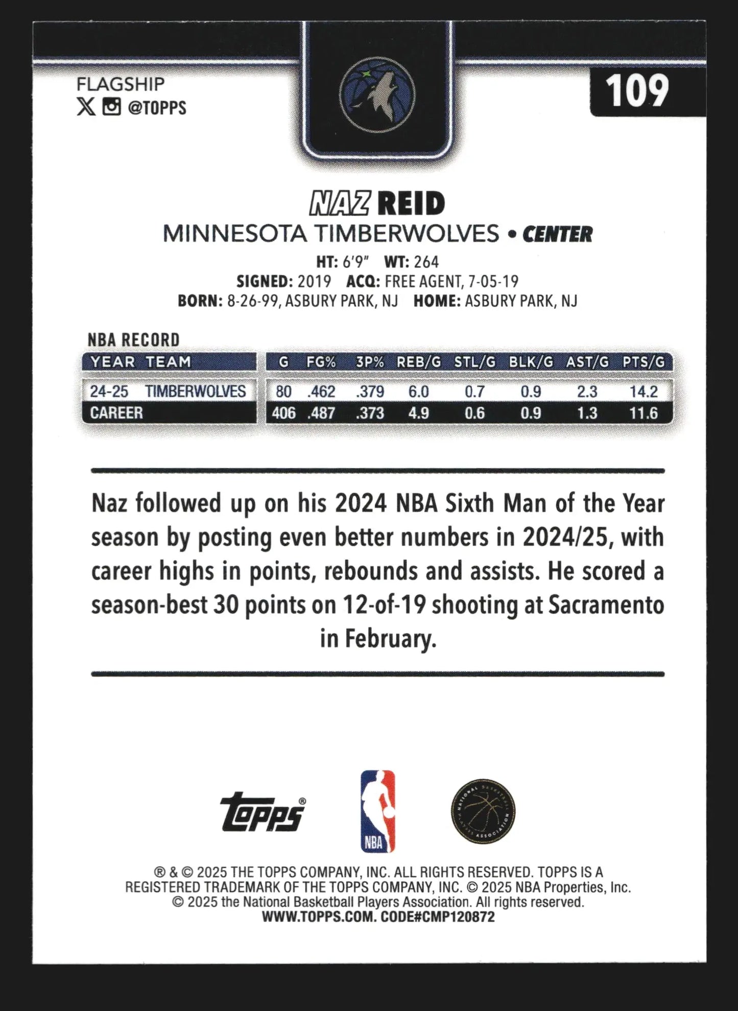 2025-26 Topps Naz Reid #109 Minnesota Timberwolves - Basketball Card Single