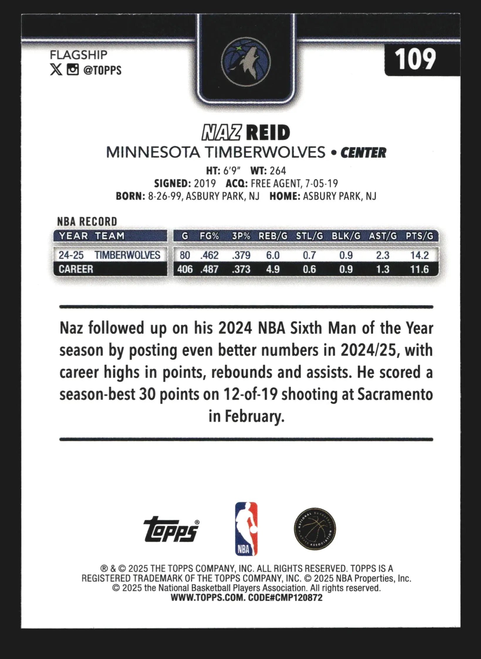 2025-26 Topps Naz Reid #109 Minnesota Timberwolves - Basketball Card Single