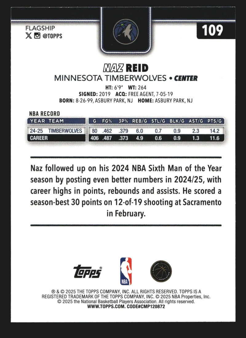 2025-26 Topps Naz Reid #109 Minnesota Timberwolves - Basketball Card Single
