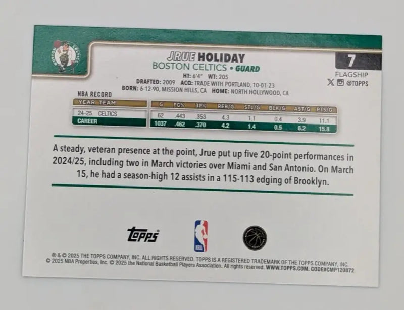 2025-26 Topps NBA Flagship JRUE HOLIDAY #7 Blue Holo Foil Serial #/250 Celtics - Basketball Card Single