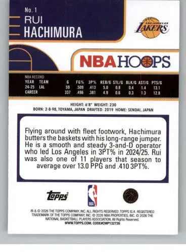2025-26 Topps NBA Hoops #1 Rui Hachimura NM Near Mint Lakers ID:83159