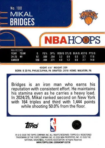 2025-26 Topps NBA Hoops #100 Mikal Bridges NM Near Mint Knicks ID:83189 - Basketball Card Single