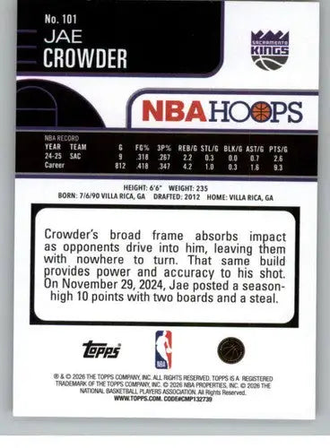 2025-26 Topps NBA Hoops #101 Jae Crowder NM Near Mint Sac Kings ID:83190 - Basketball Card Single